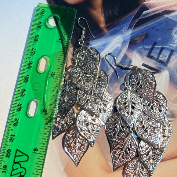 Silver Tone Leaves Long Earrings - Picture 3 of 4